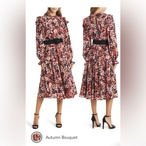 Floral Print Ruffle Long Sleeve Belted Tiered Midi Dress